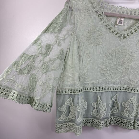 Bohemian Crochet Mesh Ultra Pink Top Large Mint Green Bell Sleeve Embroidered - Picture 2 of 13